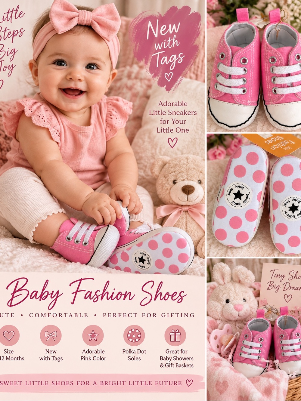 Pink Baby Sneakers for Girls - Adorable Polka Dot Soles